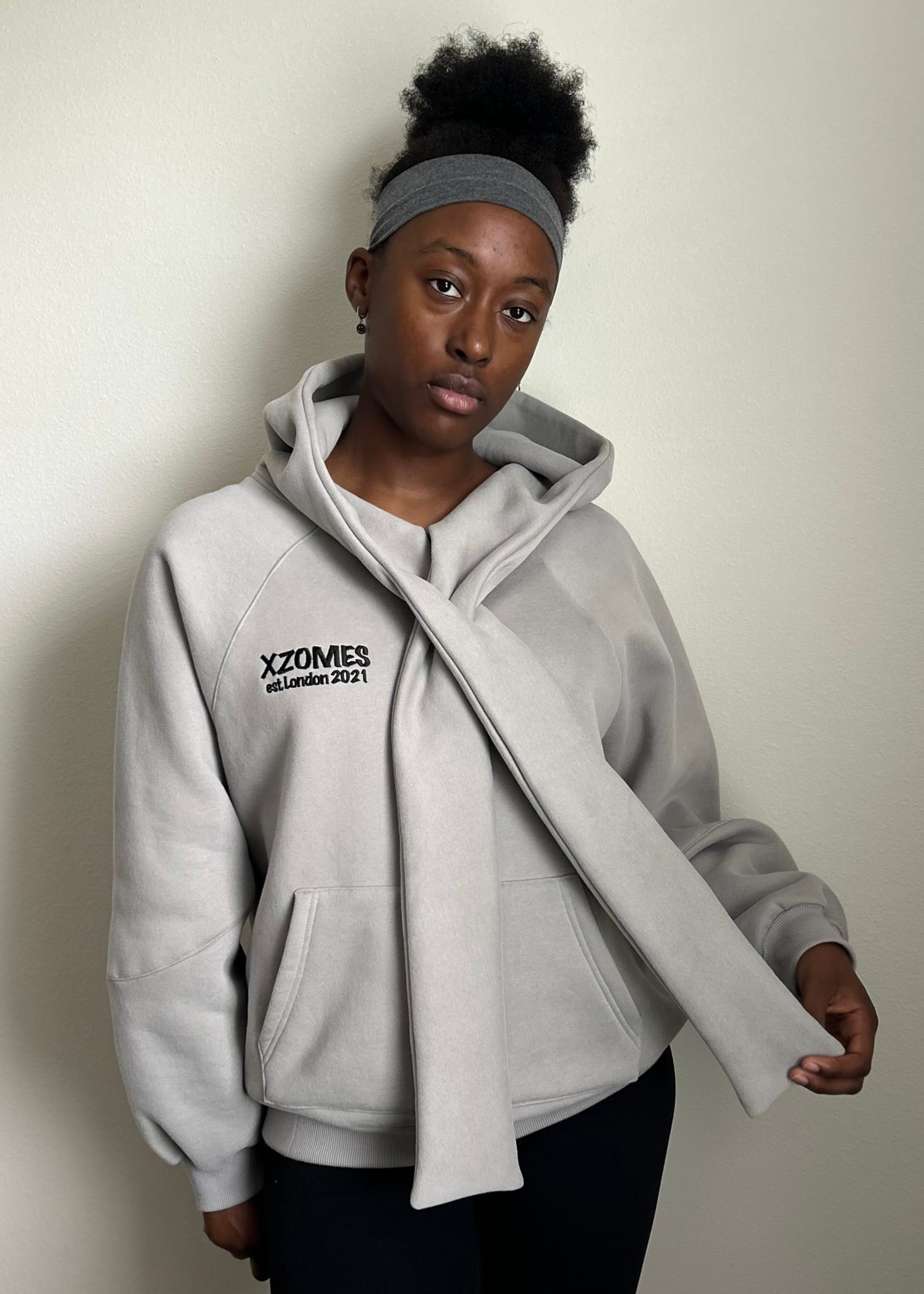 Tie Hoodie in Light Gray